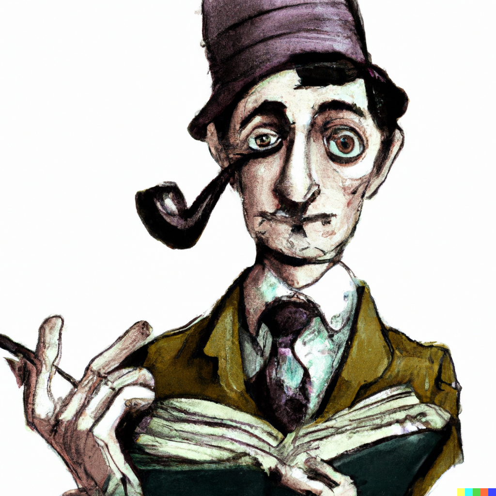 An image produced by Dall-E of a 19th century era man holding a book and smoking a pipe