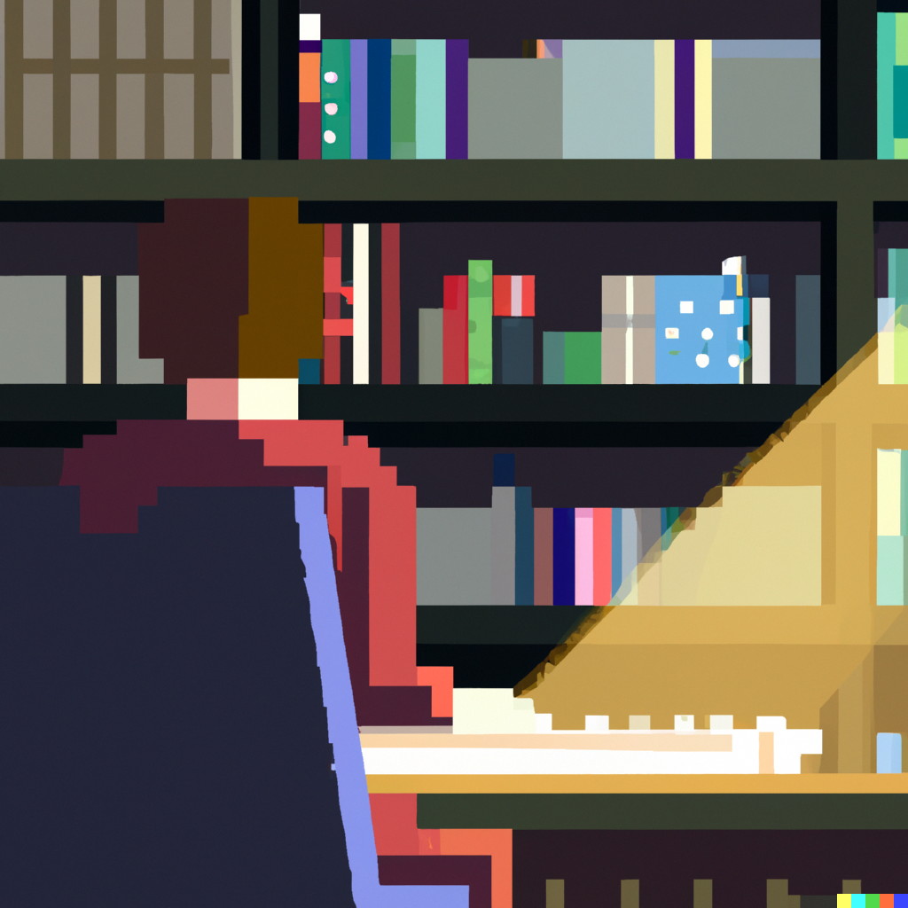 Pixel art image of a person sitting in a chair typing on a keyboard, books in the background, sunlight beaming into frame